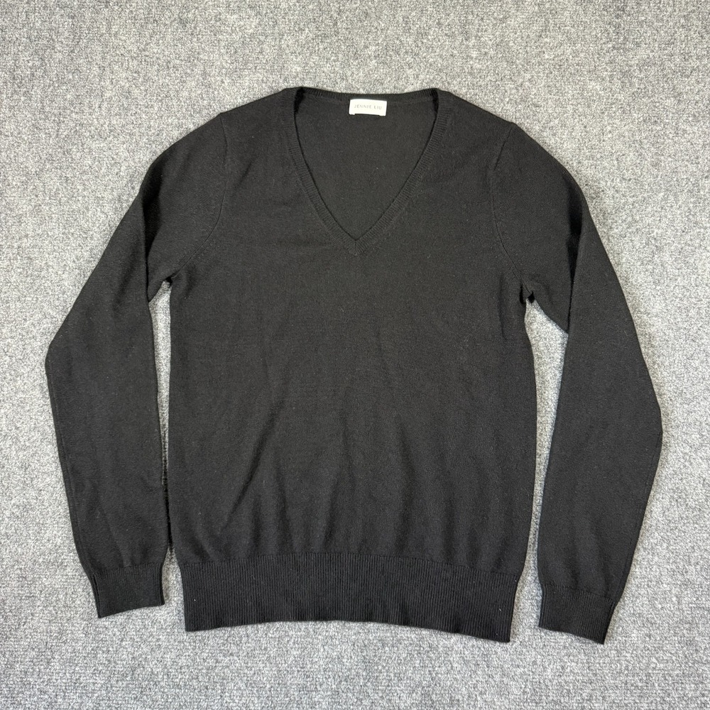JENNIE LIU 100% Pure Cashmere Long Sleeve Pullover V Neck Black Sweater Small